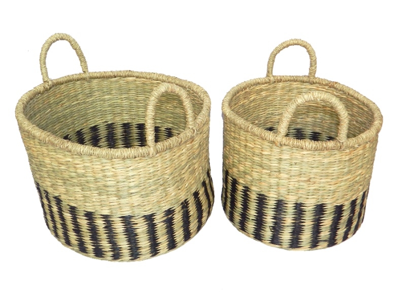 Top-tier Round Seagrass Storage Baskets with Two-Tone Pattern and Handles